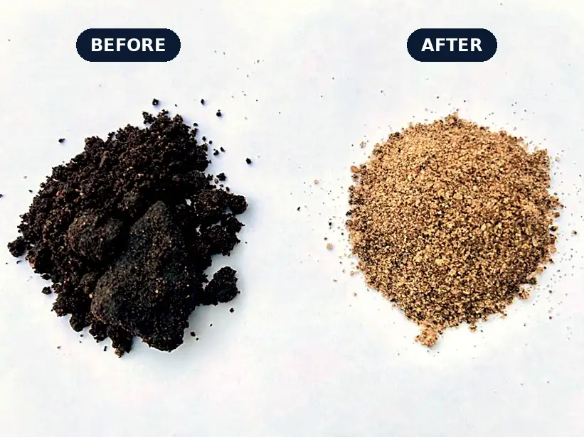 Oil-contaminated soil before treatment next to clean sand after ACCA acoustic cavitation treatment